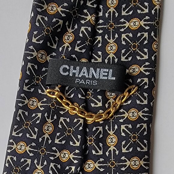CHANEL Men's Vintage Tie 100% Silk Made in Italy black gold white CCs & anchors - Picture 5 of 5